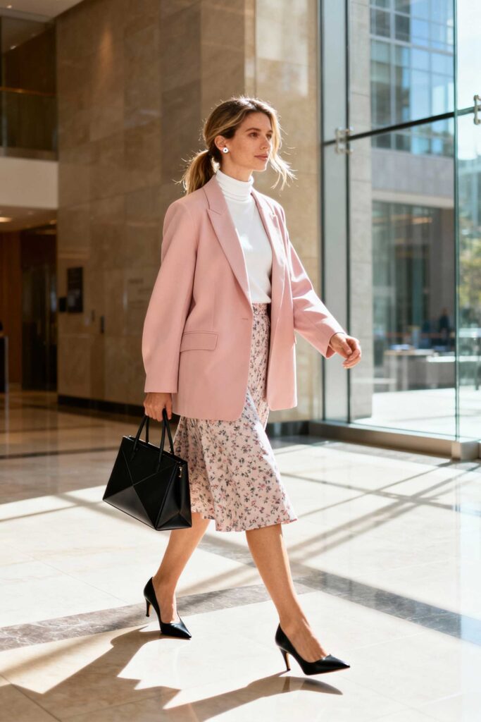 Floral-Skirt-+-Solid-Blazer-+-Heels