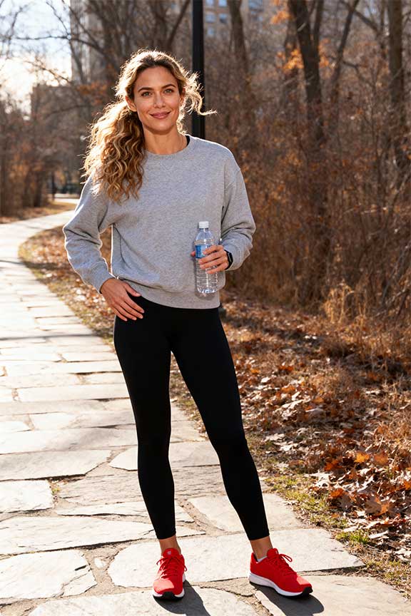 Gray-Sweatshirt-+-Black-Leggings-+-Red-Sneakers