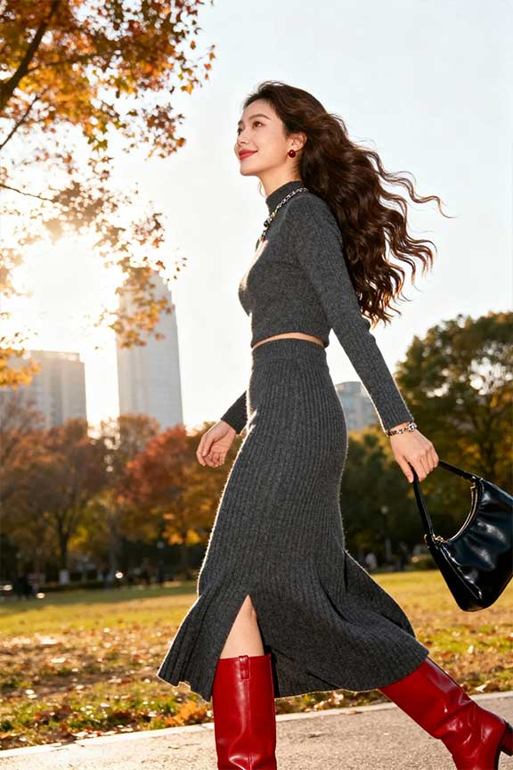 Knit-Maxi-Skirt-+-Red-Tall-Boots