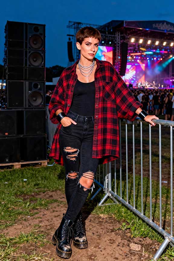 Long-plaid-shirt-+-ripped-skinny-jeans