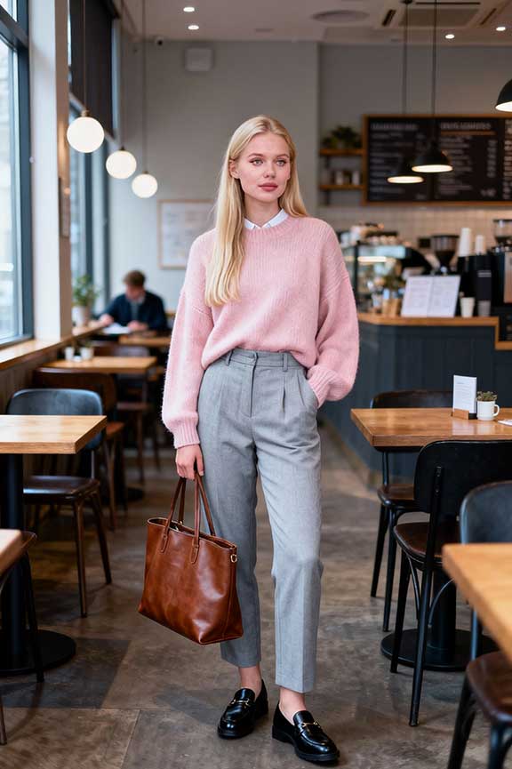 Pink-cashmere-+-straight-jeans-+-loafers,-or-bow-blouse-+-tailored-trousers-+-block-heels