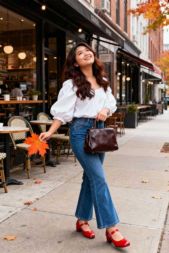 Puff-Sleeve-Top-+-Jeans-+-Red-Mary-Janes