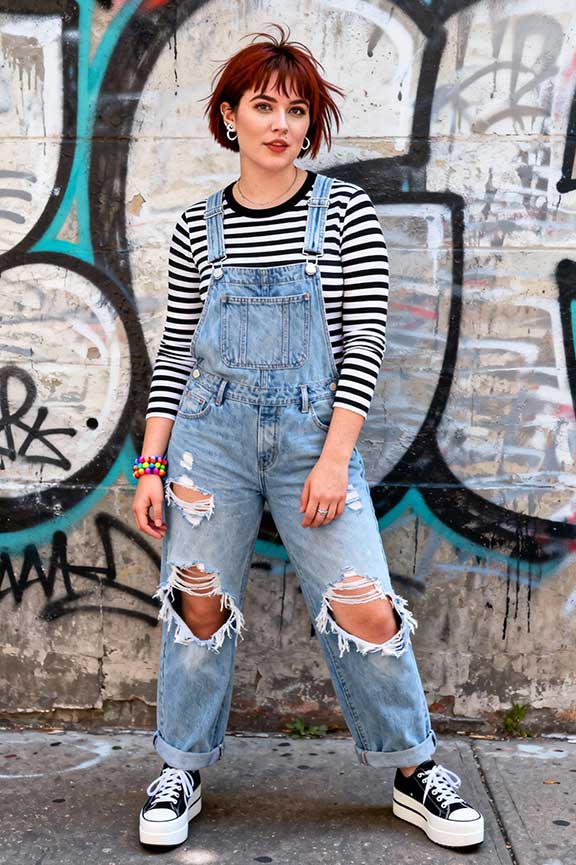 Ripped-Denim-Overalls-+-Striped-Tee-+-Platform-Shoes