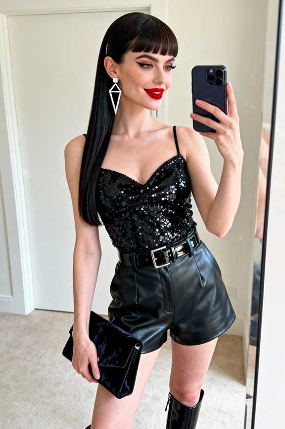 Sequin-Top-+-Leather-Shorts