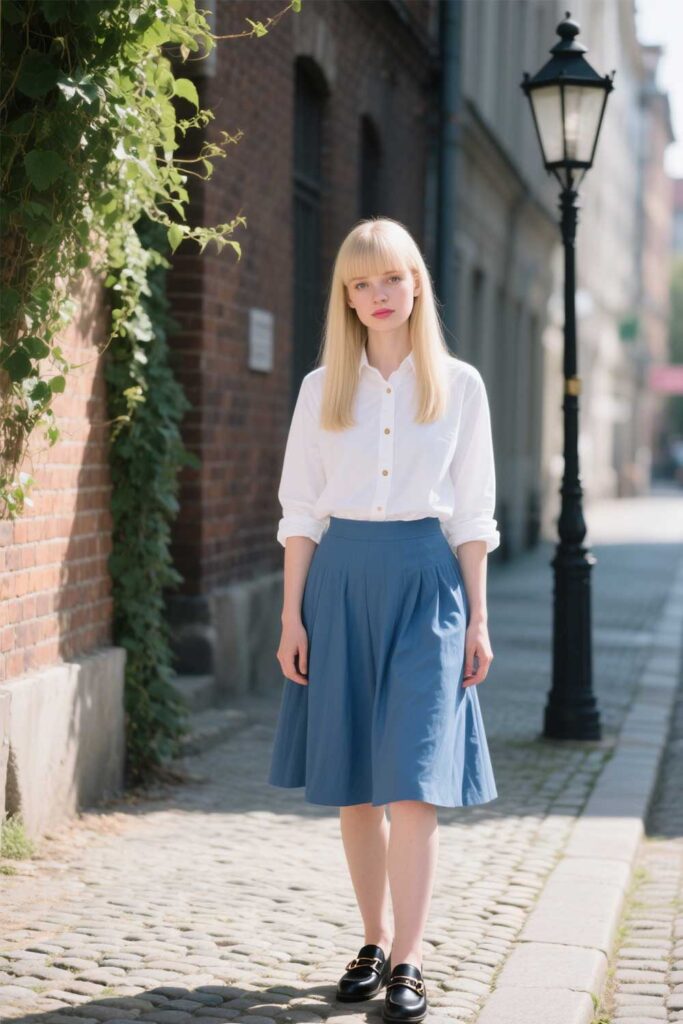 Shirt-+-A-Line-Skirt-+-Flats