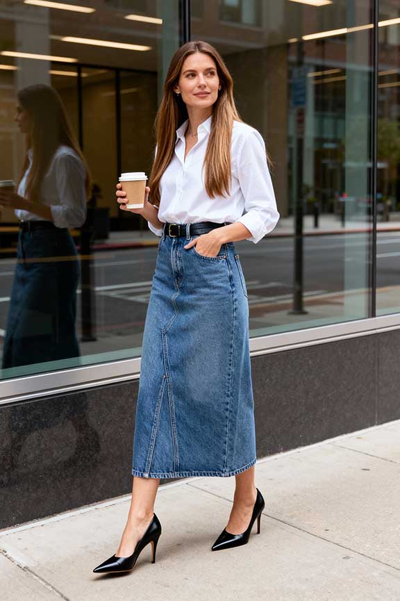 Shirt-Tucked-into-Denim-Maxi-Skirt-+-Pointed-Toe-Heels