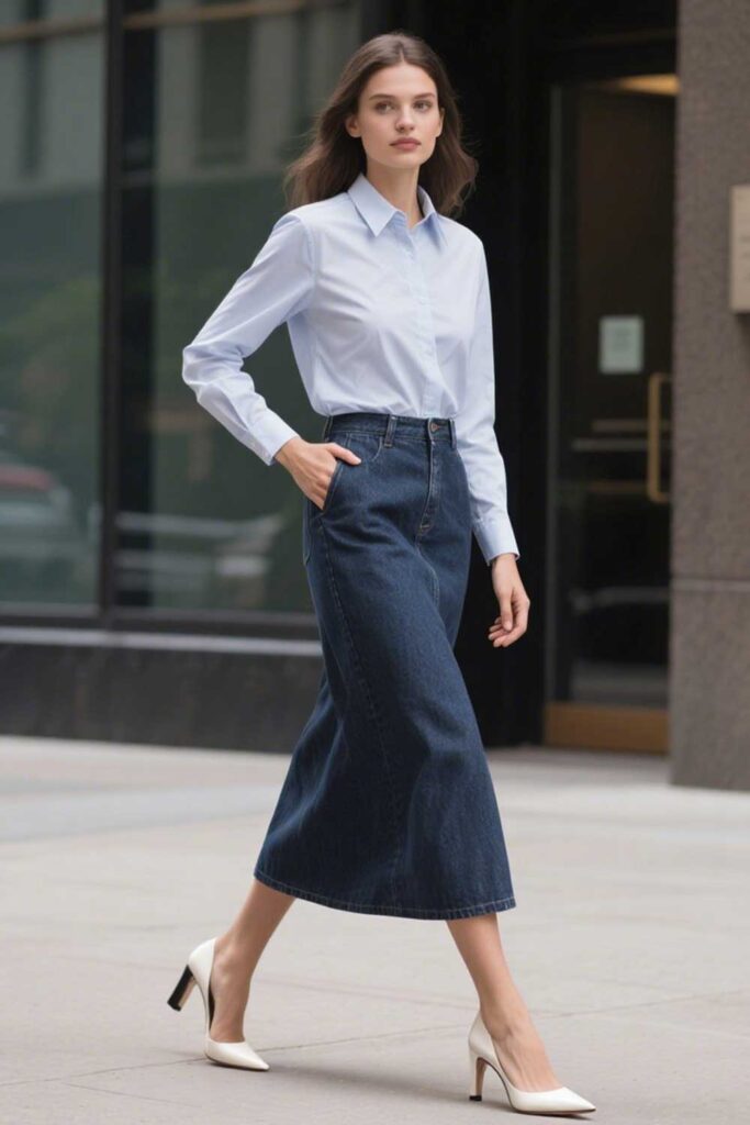 Shirt-Tucked-into-Denim-Maxi-Skirt-+-Pointed-Toe-Heels