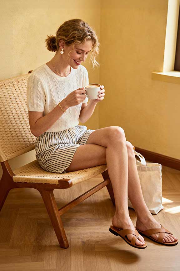 Short-Sleeve-Knit-Top-+-Striped-Boxers-+-Flat-Sandals