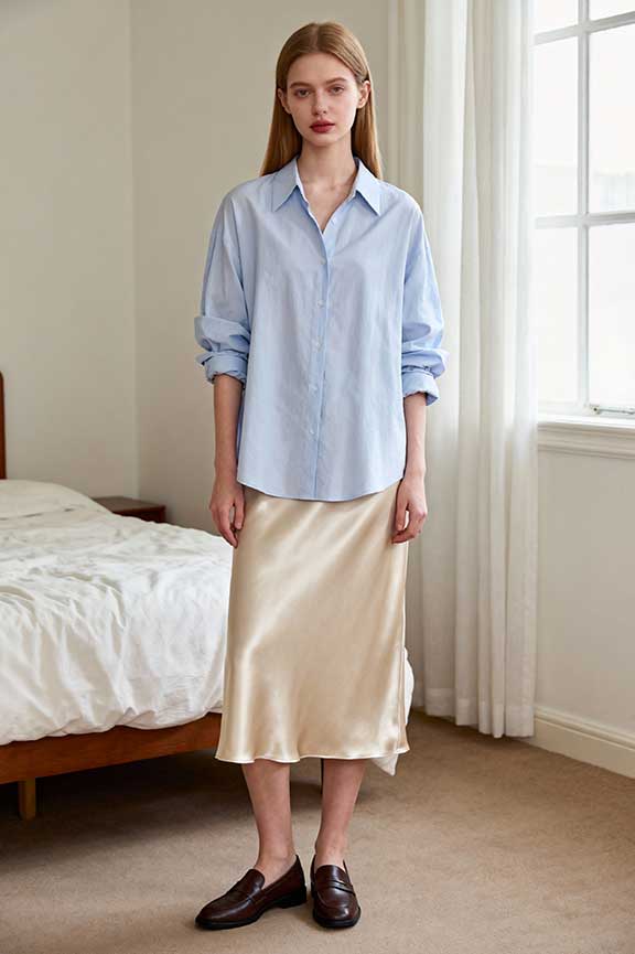 Slip-Skirt-+-Button-Down-Shirt-+-Loafers