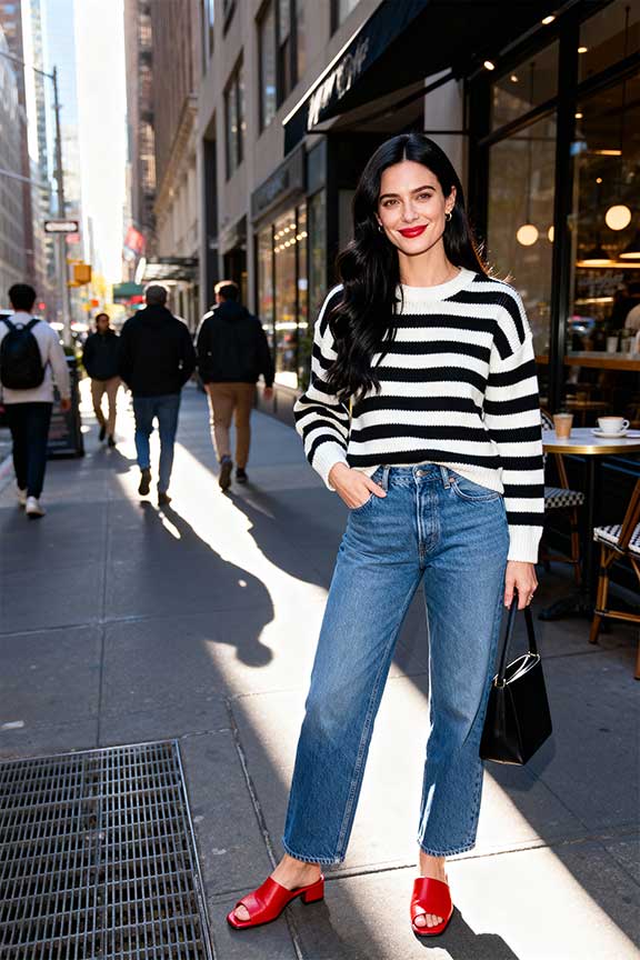 Striped-Knit-Top-+-Red-Mules-+-Straight-Jeans
