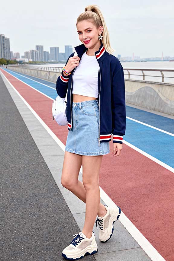 Track-Jacket-+-Denim-Mini-Skirt-+-Dad-Sneakers