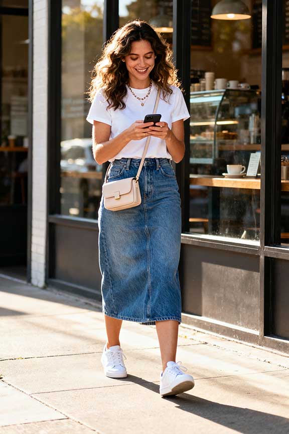 White-Tee-+-Denim-Maxi-Skirt-+-White-Sneakers