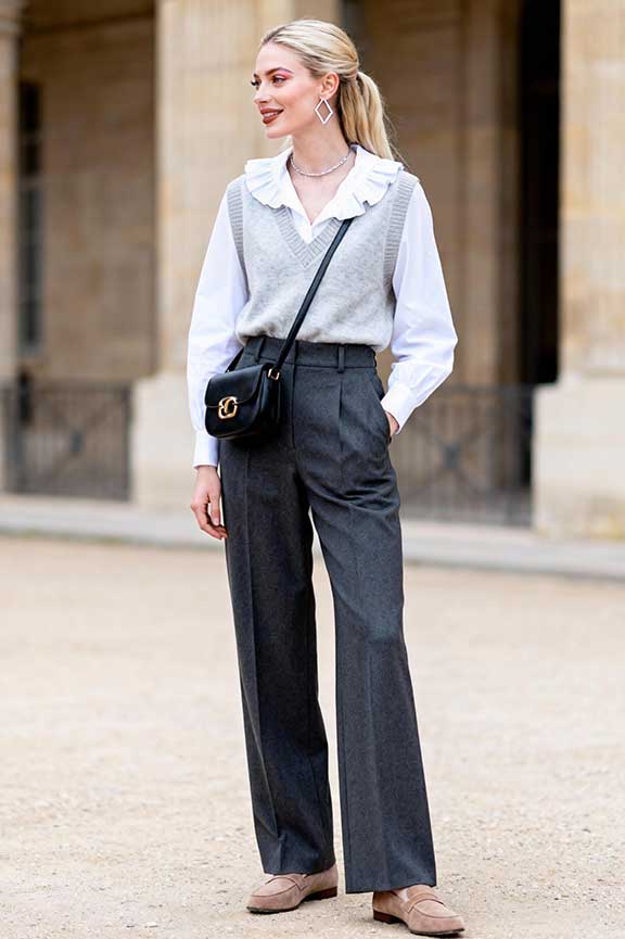 White-button-down-+-knit-vest-+-trousers-+-loafer