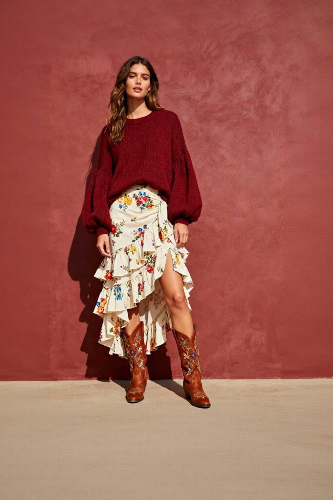Wine-Red-Knit-Sweater-+-Printed-Skirt