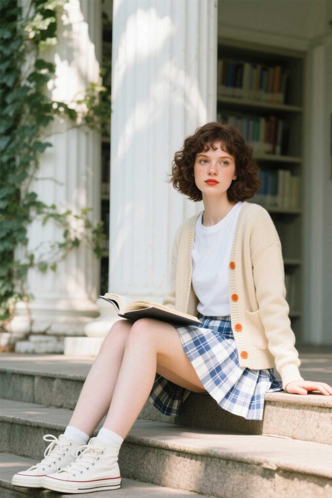 Beige-knit-cardigan-+-white-T-shirt-+-plaid-tennis-skirt-+-white-canvas-shoes