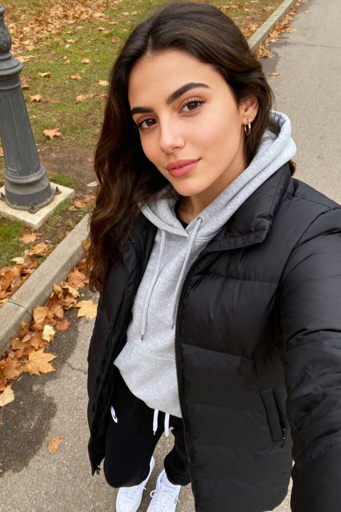 Black-short-down-jacket-+-gray-hoodie-+-black-joggers-+-white-sneakers-winter-looks