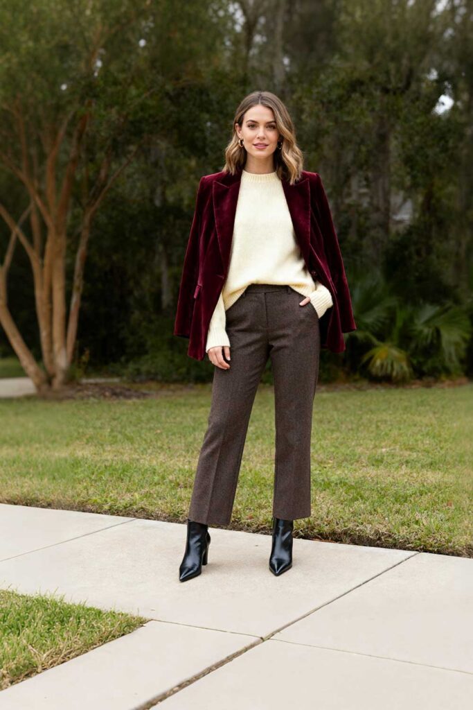 Burgundy-velvet-blazer-+-cream-cashmere-sweater-+-tailored-wool-pants-+-pointed-ankle-boots.-winter-looks