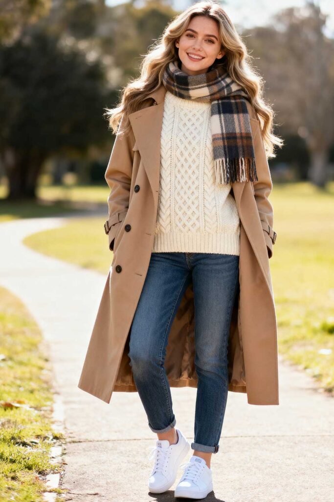 Cream-knit-sweater-+-camel-trench-coat-+-jeans-+-plaid-scarf-+-white-sneakers