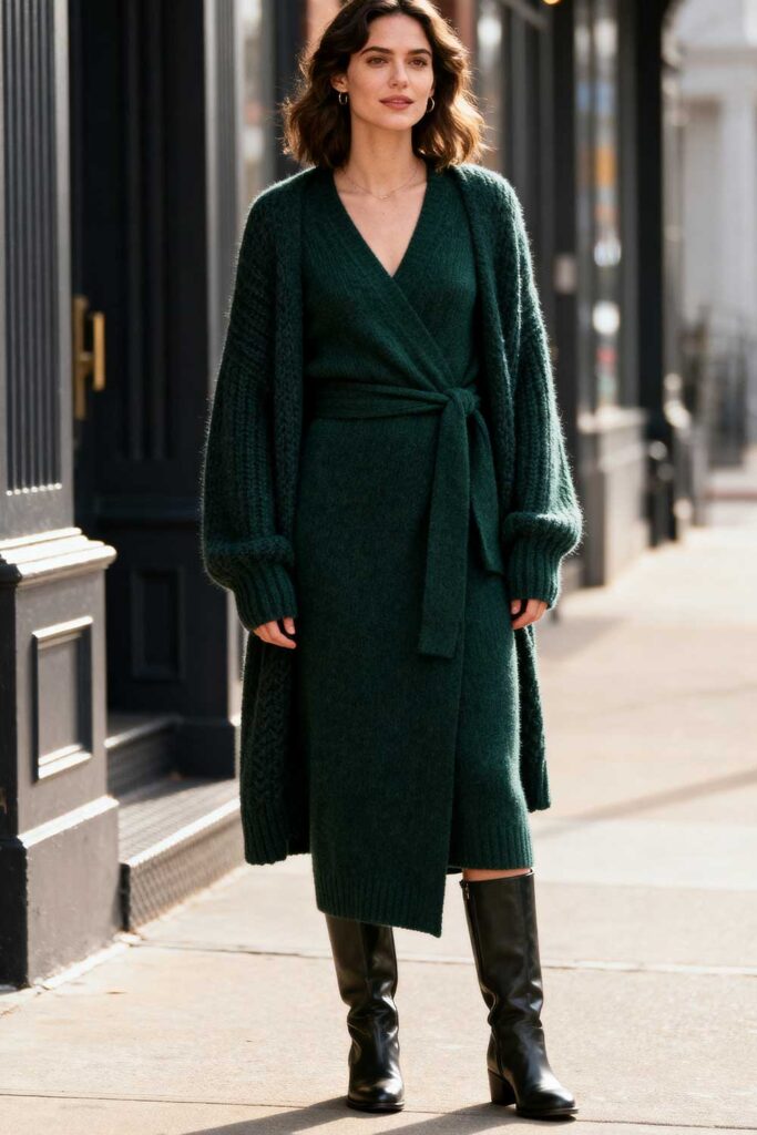 Dark-green-wrap-dress-+-cozy-cardigan-+-over-the-knee-boots-winter-looks