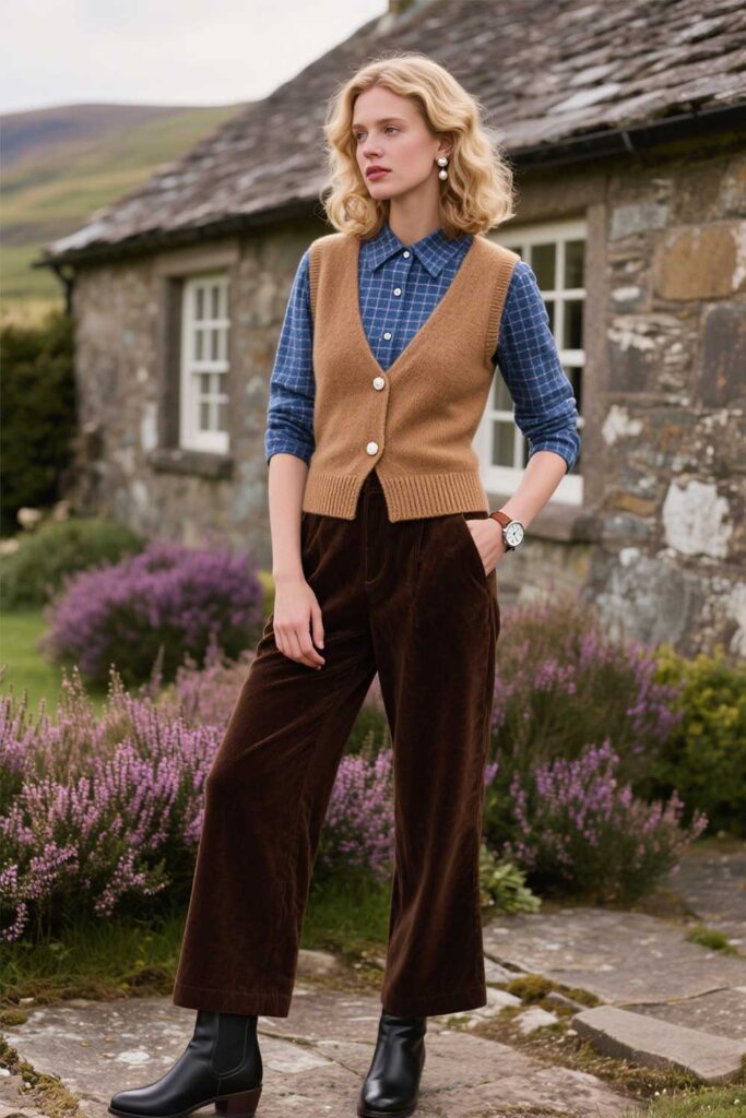 Flannel-shirt-+-Wool-vest-+-Corduroy-pants