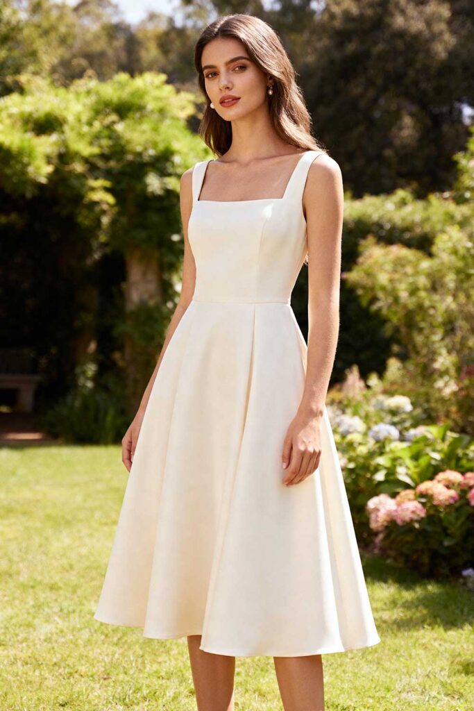 Garden-weddings-Midi-lengths-won't-drag-through-grass-A-line-silhouettes