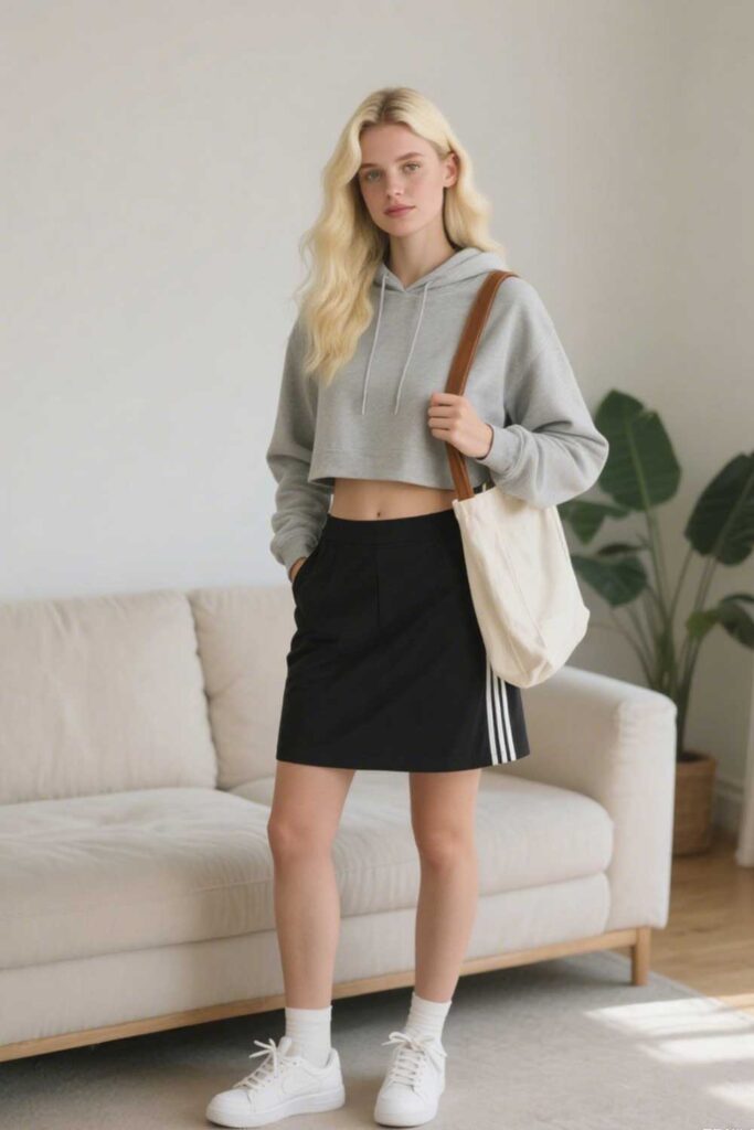 Gray-crop-top-hoodie-+-black-high-waist-tennis-skirt