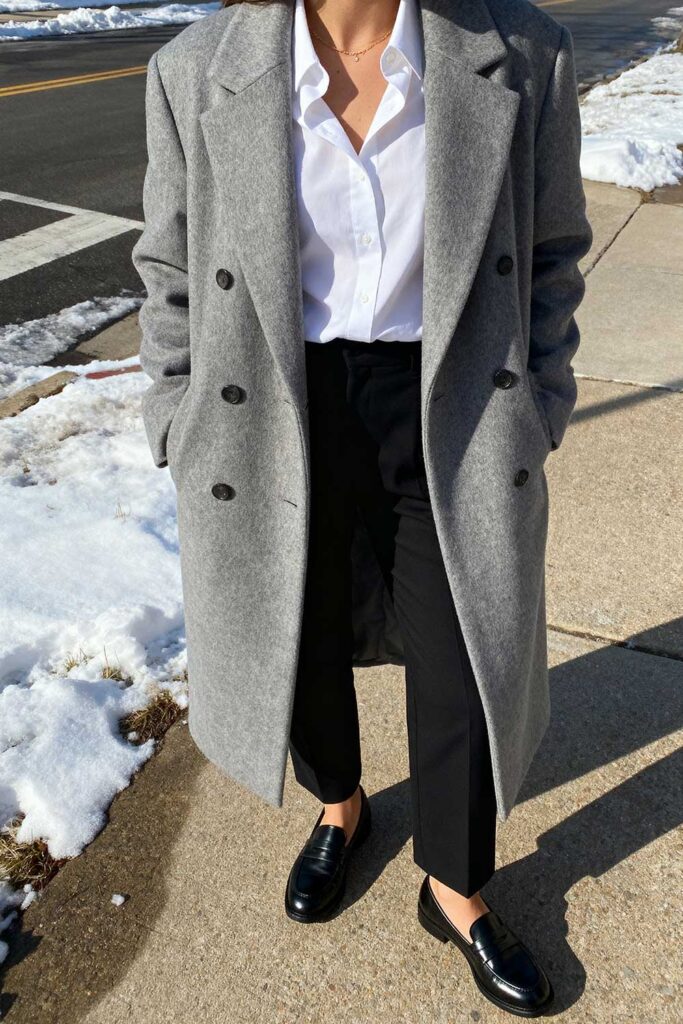 Gray-long-coat-+-white-shirt-+-black-straight-leg-pants-+-black-loafers.