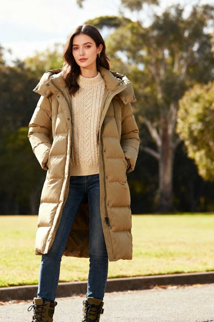Khaki-medium-length-down-jacket-+-beige-knit-sweater-+-jeans-+-combat-boots-winter-looks