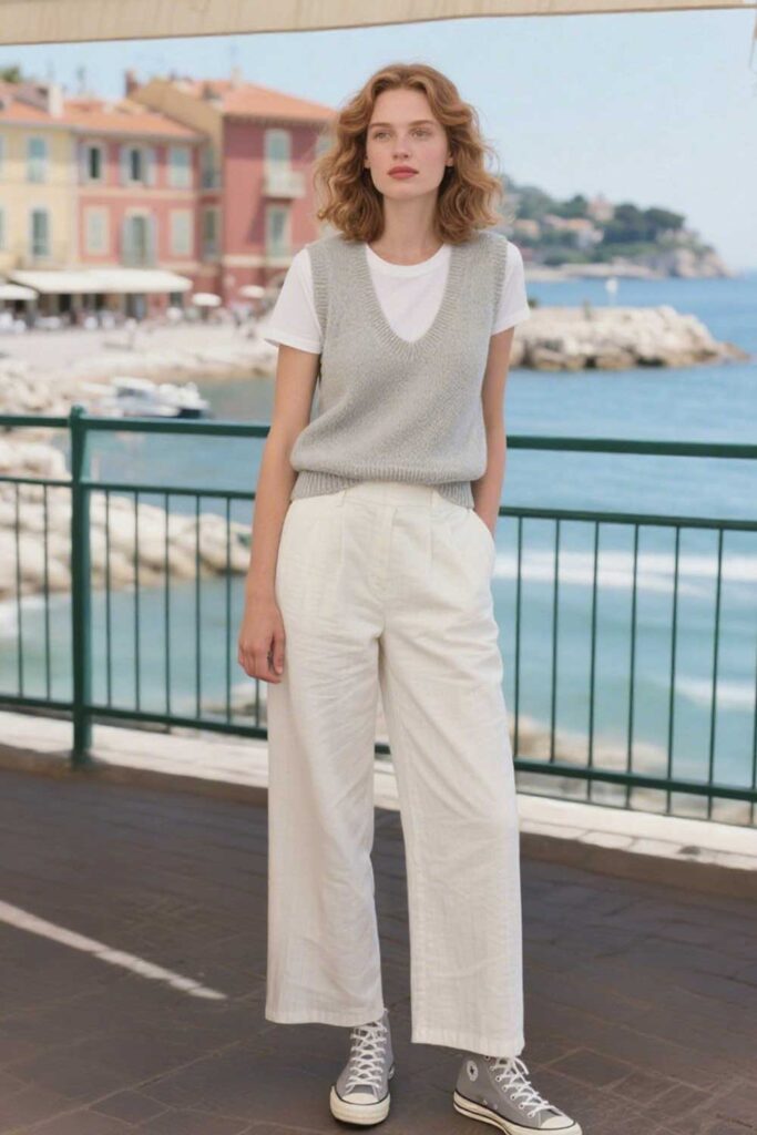 Knit-vest-+-White-linen-trousers-+-Canvas-shoes