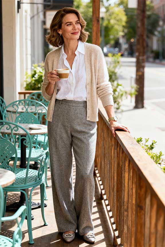 Light-knit-cardigan-or-silk-shirt-+-Lightweight-wool-trousers