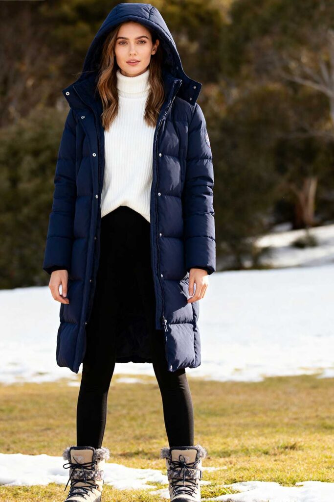 Navy-blue-hooded-down-jacket-+-white-turtleneck-sweater-+-black-leggings-+-snow-boots