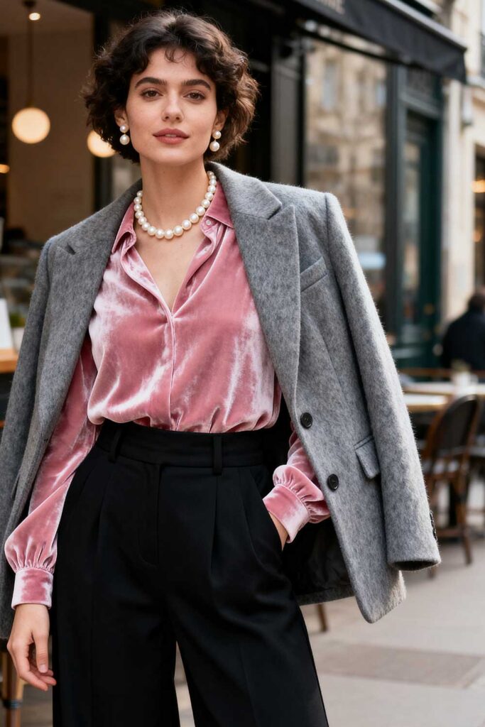 Pink-velvet-long-sleeve-blouse-+-black-high-waisted-wide-leg-pants-+-cozy-blazer-+-pearl-accessories