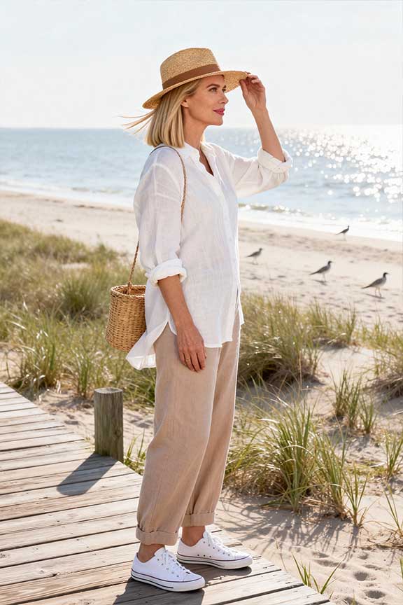 Premium-linen-shirt-(white,-beige,-or-light-blue)-+-Casual-trousers-or-elegant-wide-leg-pants-+-Straw-hat-or-classic-baseball-cap-+-Canvas-shoes-or-woven-flats-+-Simple-wicker-or-canvas-bag