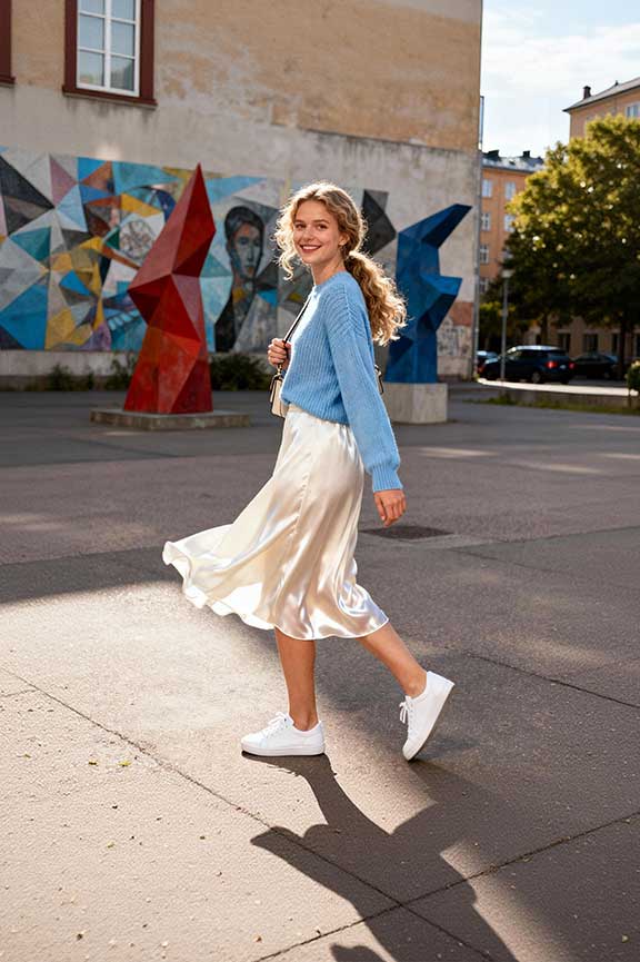 Satin-Midi-Skirts-+-Simple-Sneakers