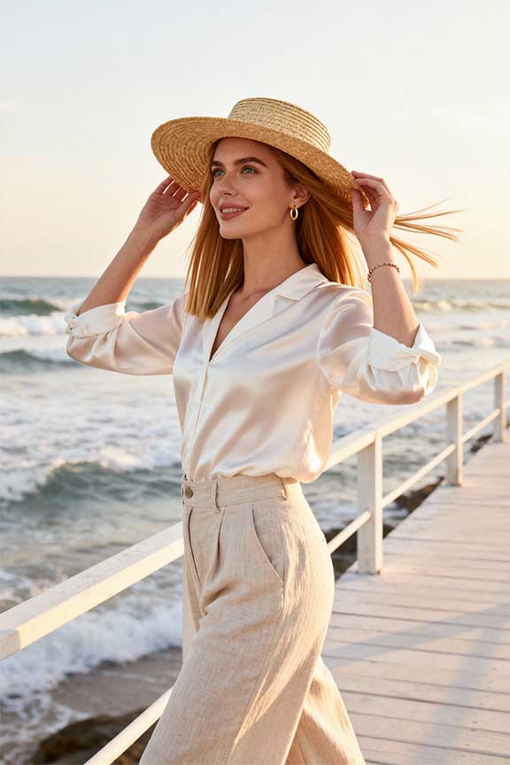Silk-shirt-+-High-waist-linen-pants-+-Straw-hat-+-Simple-gold-jewelry
