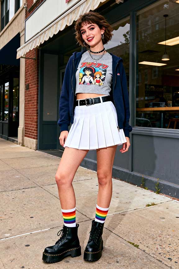 Vintage-graphic-tee-+-white-tennis-skirt-+-colorful-thigh-high-socks-+-black-Dr.-Martens