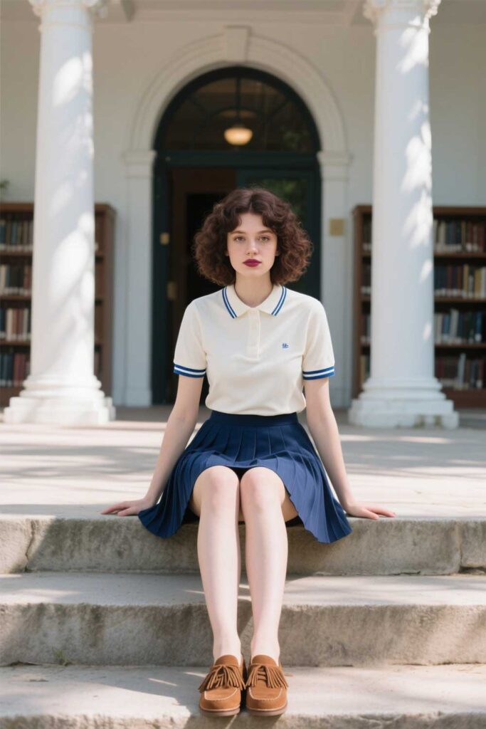 White-POLO-shirt-+-navy-blue-pleated-tennis-skirt-+-brown-loafers