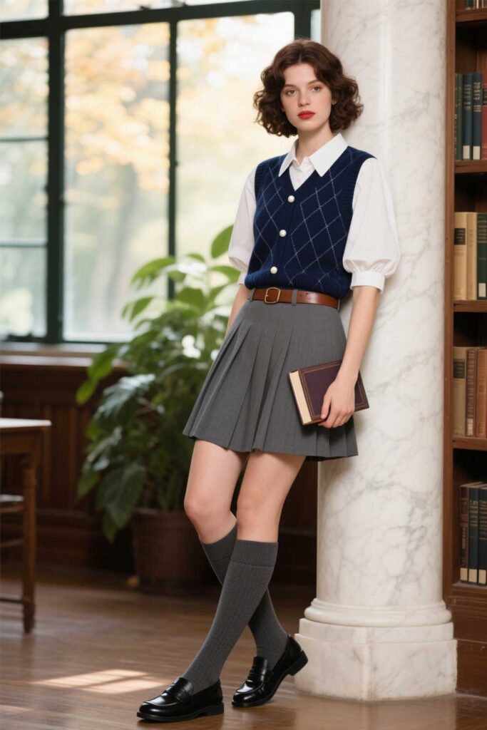 White-shirt-+-knit-vest-+-tennis-skirt