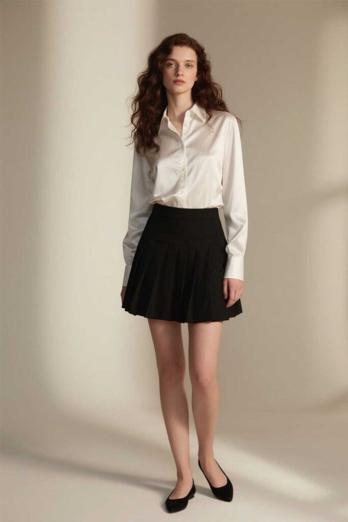 White-silk-blouse-+-black-high-waist-tennis-skirt