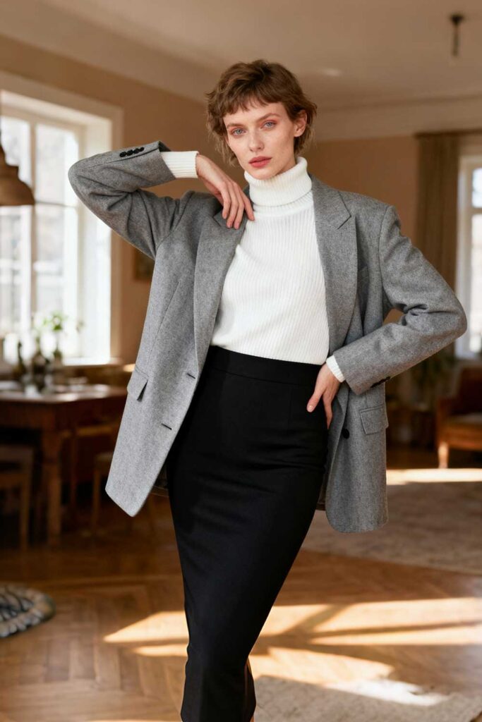 A-white-turtleneck-+-gray-blazer-+-black-pencil-skirt-adds-warmth-while-maintaining-professional-structure.