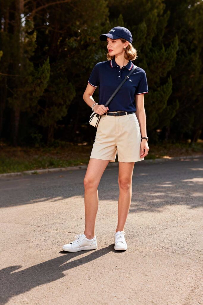 Bermuda-athletic-shorts-+-polo-shirt-+-white-leather-sneakers-+-baseball-cap-+-crossbody-bag