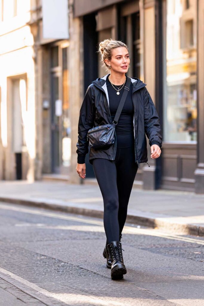 Black-leggings-+-moisture-wicking-fitted-long-sleeve-base-layer-+-light-windbreaker-+-weather-appropriate-boots-+-waterproof-crossbody-bag-Game-