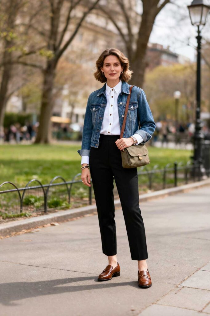Black-ponte-pants-+-white-long-sleeve-button-down-shirt-+-classic-denim-jacket-+-brown-leather-loafers-+-structured-canvas-.