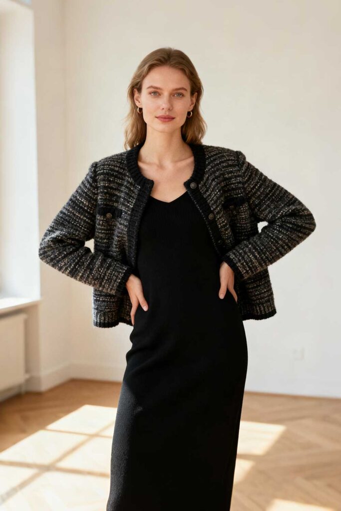Black-shift-dress,-white-knit-top,-gray-sweater