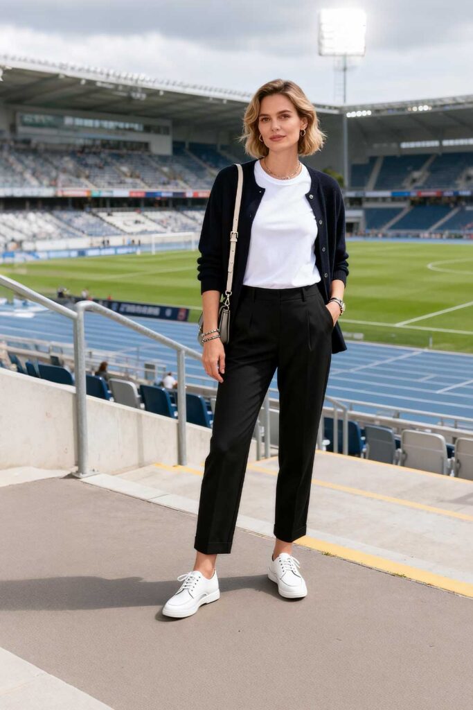 Black-straight-leg-pants-+-fitted-white-tee-+-lightweight-cardigan-+-white-leather-sneakers-+-crossbody-bag-Post-practice-grocery-run-sophistication