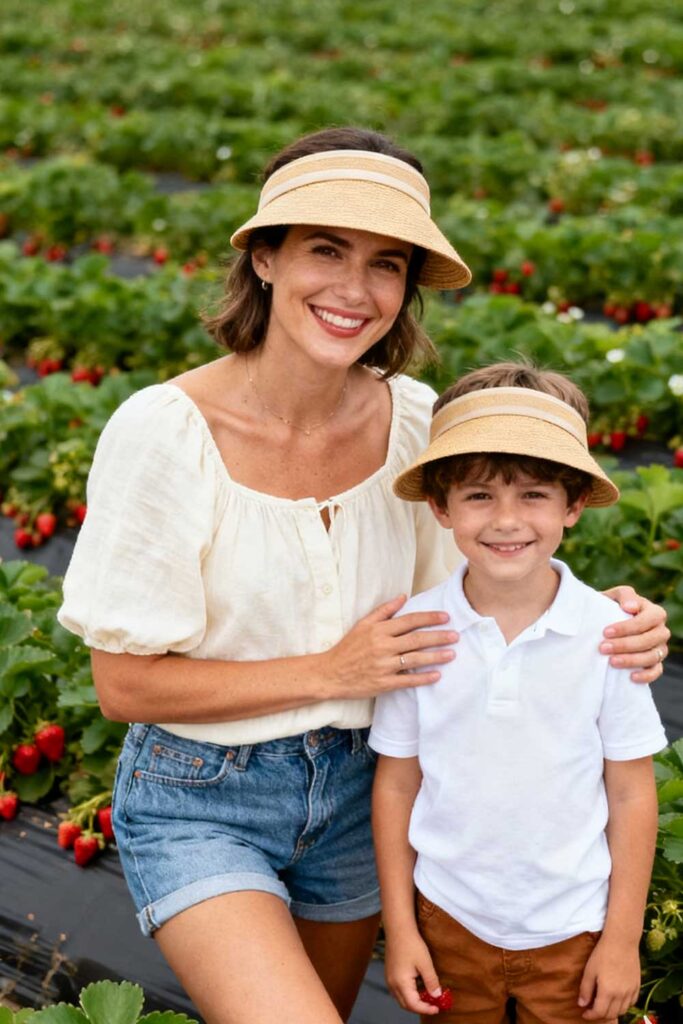 Both-wear-white-tops-+-one-in-denim-shorts,-partner-in-tan-pants-+-atching-sun-hats