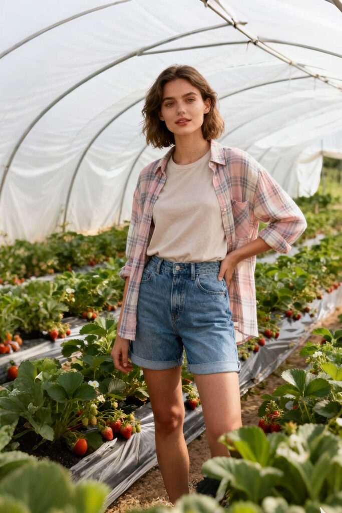 Core-Formula-High-waisted-denim-shorts-or-comfortable-jeans-+-basic-cotton-tee-lightweight-plaid-shirt