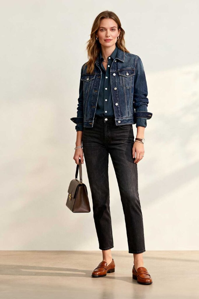 Dark-wash-jeans-+-long-sleeve-button-down-shirt-+-classic-denim-jacket-+-brown-leather-loafers-+-structured-handbag