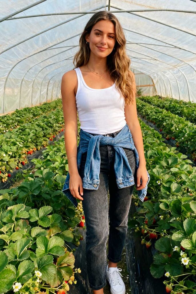 Dark-wash-jeans-+-white-tank-top-+-denim-jacket-tied-at-waist-+-white-sneakers-(perfect-for-cooler-spring-mornings)