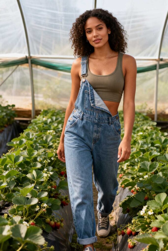 Denim-or-canvas-overalls-+-fitted-tank-or-crop-top-+-comfortable-sneakers